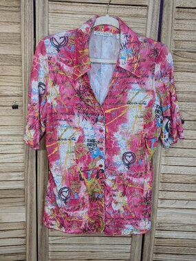 SNO SKINS Pink Multi-Color Graffiti Button Down Shirt Size XL